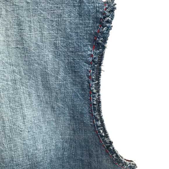 Sleeveless Patchwork Denim Shirt, Small: Upcycled Plaid Artsy Top with Fringe - Picture 5 of 10